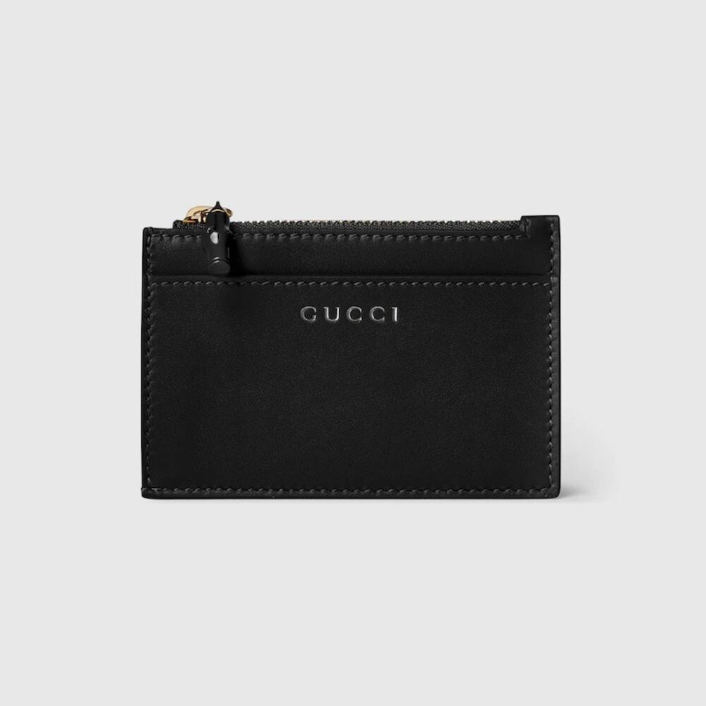 Gucci Bamboo Card Case Black Leather Zip Card Holder Wallet BNIB